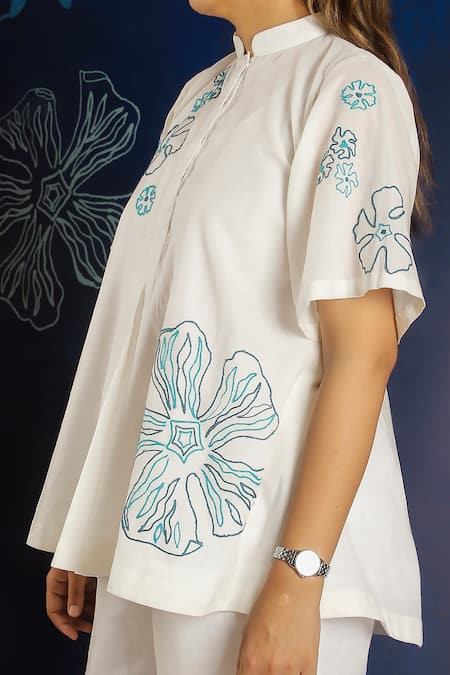 Buy_Ibai_White Handloom , Embroidery Mandarin Collar Shiuli Top _Online_at_Aza_Fashions