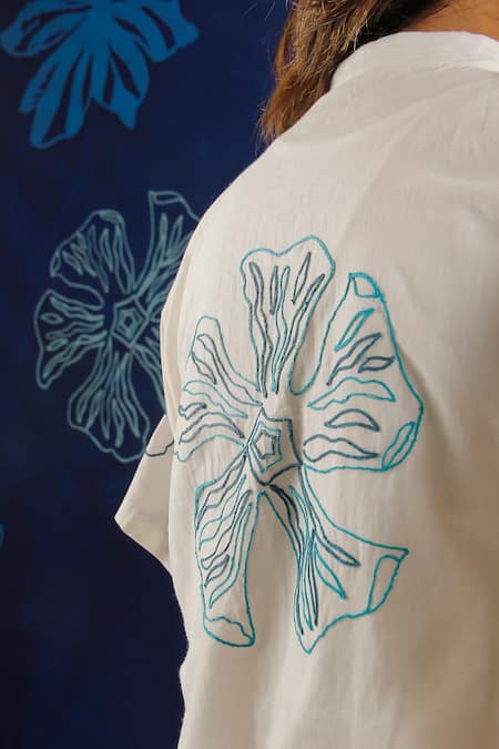 Ibai_White Handloom , Embroidery Mandarin Collar Shiuli Top _at_Aza_Fashions