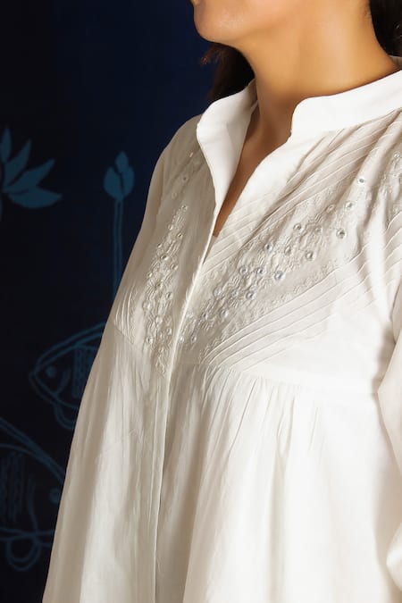 Shop_Ibai_White Muslin Embroidery Mandarin Collar Placed Mirrorwork Overlay Jacket _Online_at_Aza_Fashions