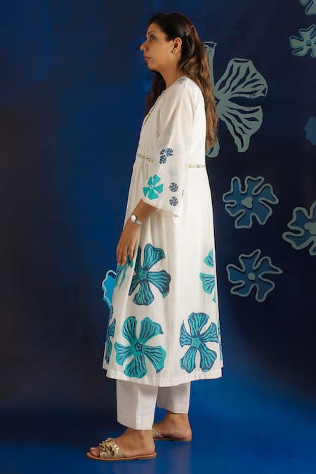 Ibai White Handloom Cotton Embroidery Mandarin Collar Placed Floral Overlay Jacket Online at Aza Fashions Ibai_White Handloom Cotton Embroidery Mandarin Collar Placed Floral Overlay Jacket _Online_at_Aza_Fashions