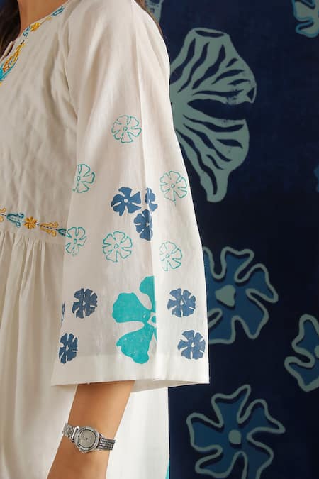 Shop Ibai White Handloom Cotton Embroidery Mandarin Collar Placed Floral Overlay Jacket Online at Aza Fashions Shop_Ibai_White Handloom Cotton Embroidery Mandarin Collar Placed Floral Overlay Jacket _Online_at_Aza_Fashions