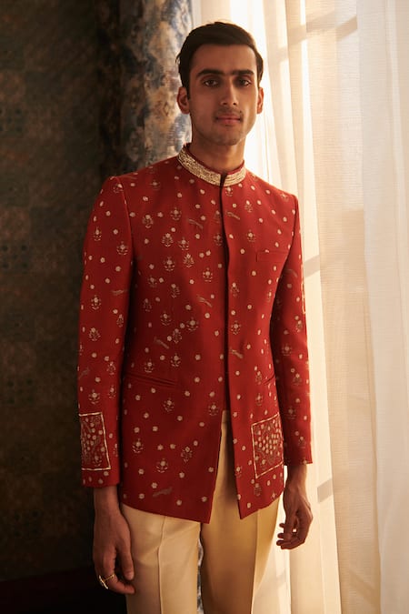 Philocaly Red Silk Embroidery Baroque Zari Bandhgala Online at Aza Fashions Philocaly_Red Silk Embroidery Baroque Zari Bandhgala _Online_at_Aza_Fashions