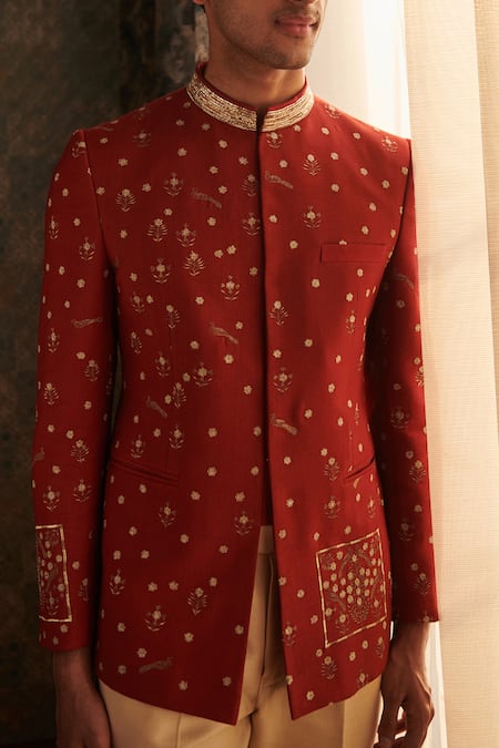 Shop Philocaly Red Silk Embroidery Baroque Zari Bandhgala Online at Aza Fashions Shop_Philocaly_Red Silk Embroidery Baroque Zari Bandhgala _Online_at_Aza_Fashions