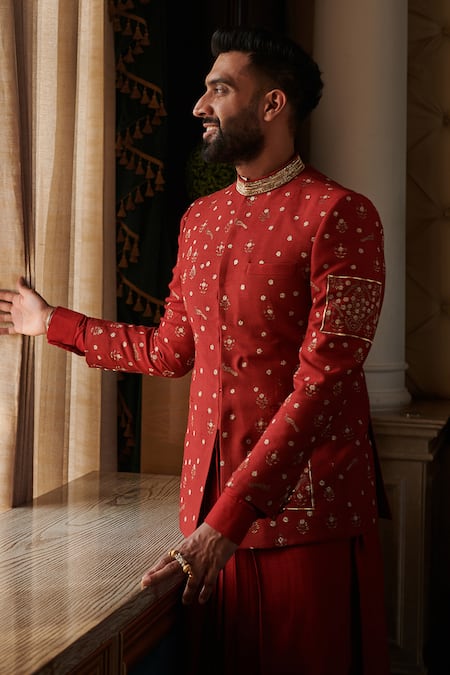 Buy_Philocaly_Red Silk Embroidery Baroque Zari Bandhgala Set _Online_at_Aza_Fashions