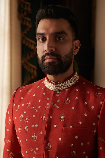 Philocaly_Red Silk Embroidery Baroque Zari Bandhgala Set _at_Aza_Fashions