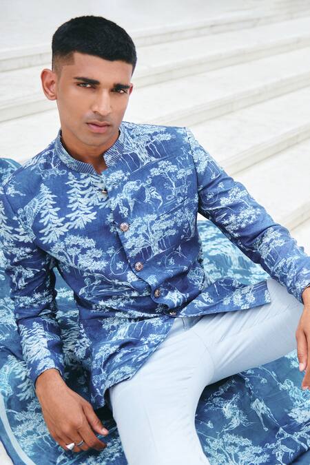 Shop_Philocaly_Blue Silk Metallic Thread Anecdote Forest Print Bandhgala_at_Aza_Fashions