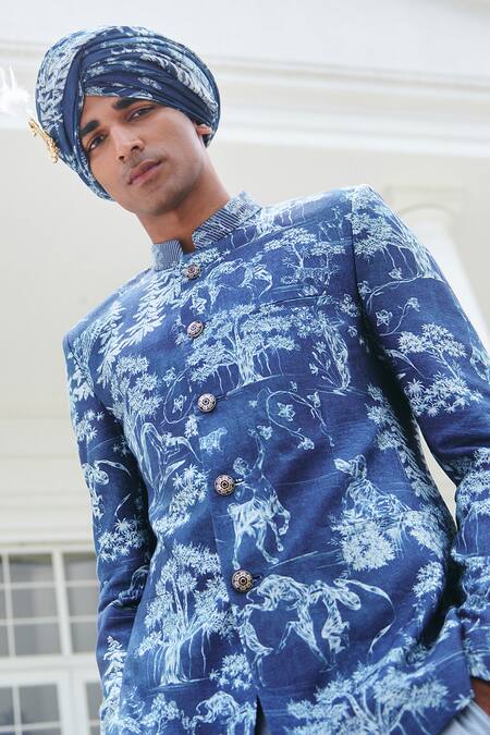 Philocaly_Blue Silk Metallic Thread Anecdote Forest Print Bandhgala_Online_at_Aza_Fashions
