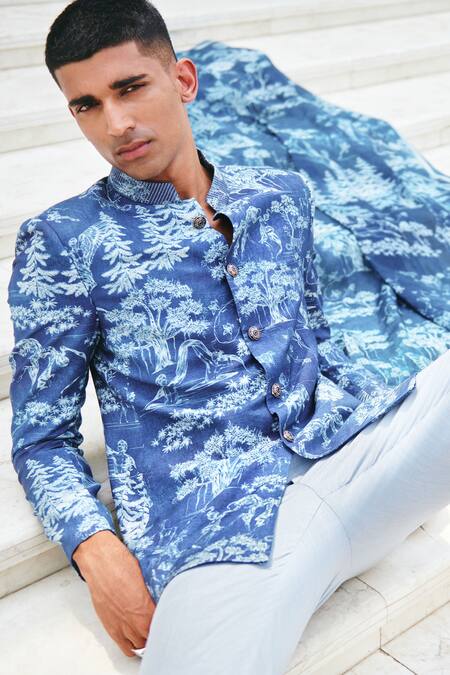 Buy_Philocaly_Blue Silk Metallic Thread Anecdote Forest Print Bandhgala_Online_at_Aza_Fashions