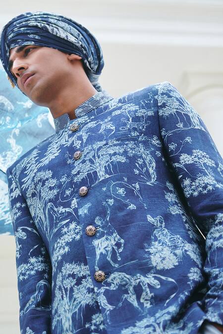 Shop_Philocaly_Blue Silk Metallic Thread Anecdote Forest Print Bandhgala_Online_at_Aza_Fashions