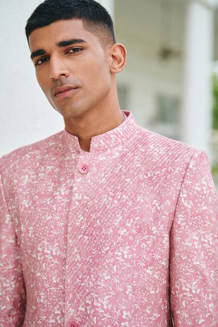 Philocaly_Pink Silk Embroidery Tangle Floral Print Bandhgala_Online_at_Aza_Fashions