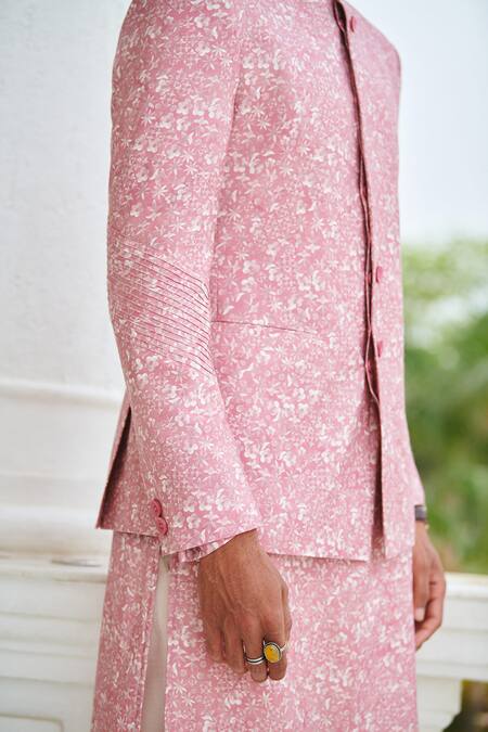 Shop_Philocaly_Pink Silk Embroidery Tangle Floral Print Bandhgala_Online_at_Aza_Fashions