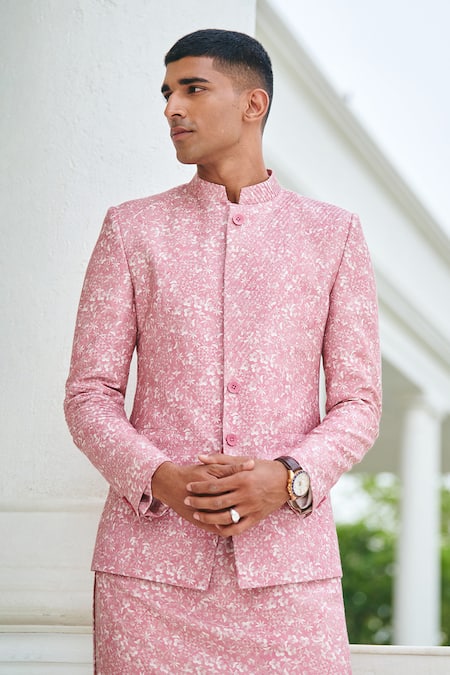 Shop Philocaly Pink Silk Embroidery Tangle Floral Print Bandhgala Set at Aza Fashions Shop_Philocaly_Pink Silk Embroidery Tangle Floral Print Bandhgala Set_at_Aza_Fashions