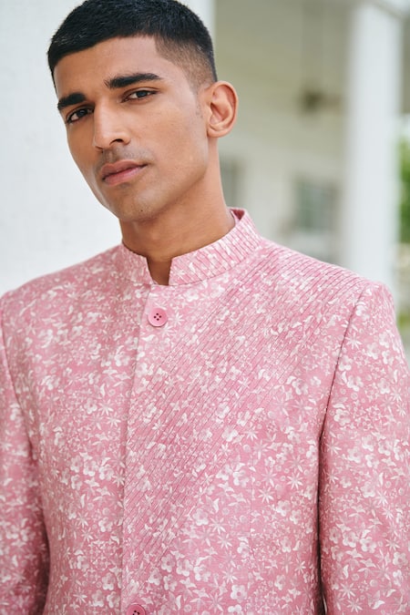 Philocaly Pink Silk Embroidery Tangle Floral Print Bandhgala Set Online at Aza Fashions Philocaly_Pink Silk Embroidery Tangle Floral Print Bandhgala Set_Online_at_Aza_Fashions