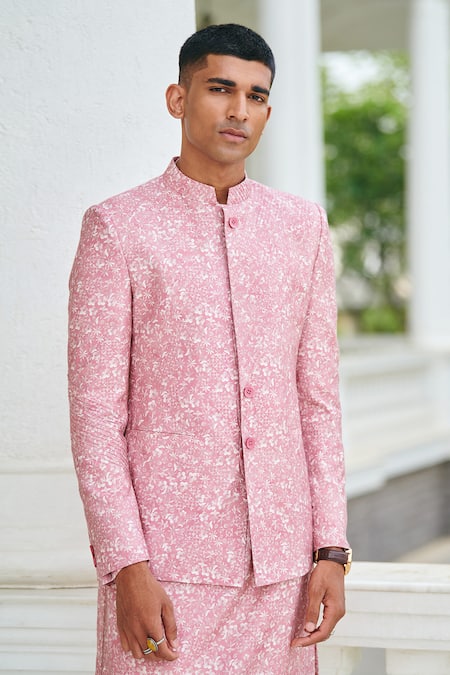 Buy Philocaly Pink Silk Embroidery Tangle Floral Print Bandhgala Set Online at Aza Fashions Buy_Philocaly_Pink Silk Embroidery Tangle Floral Print Bandhgala Set_Online_at_Aza_Fashions