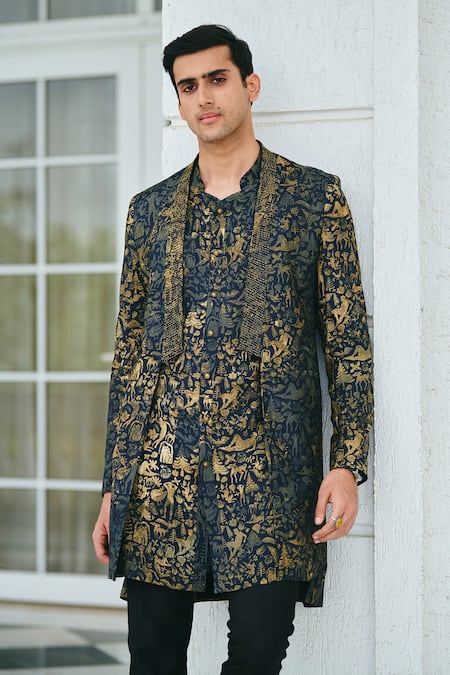 Shop_Philocaly_Black Silk Embroidery, Beads Alchemy Printed Jacket Kurta Set _at_Aza_Fashions