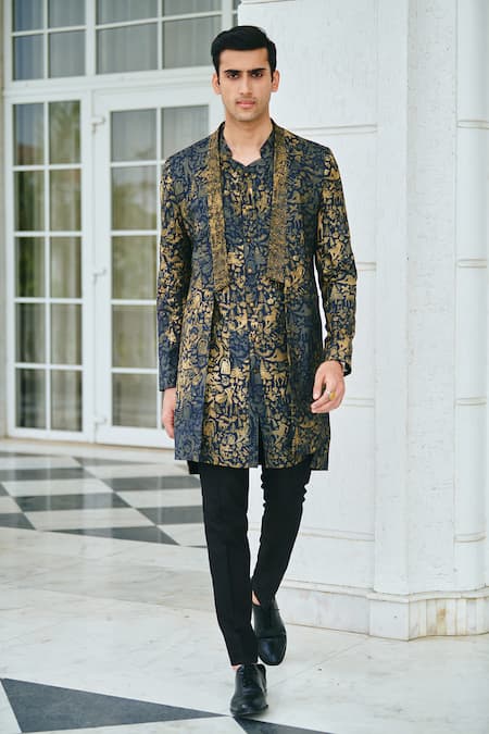 Philocaly_Black Silk Embroidery, Beads Alchemy Printed Jacket Kurta Set _Online_at_Aza_Fashions