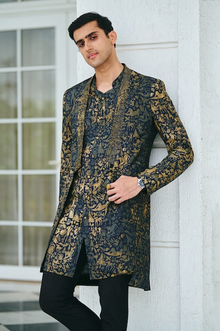 Buy_Philocaly_Black Silk Embroidery, Beads Alchemy Printed Jacket Kurta Set _Online_at_Aza_Fashions