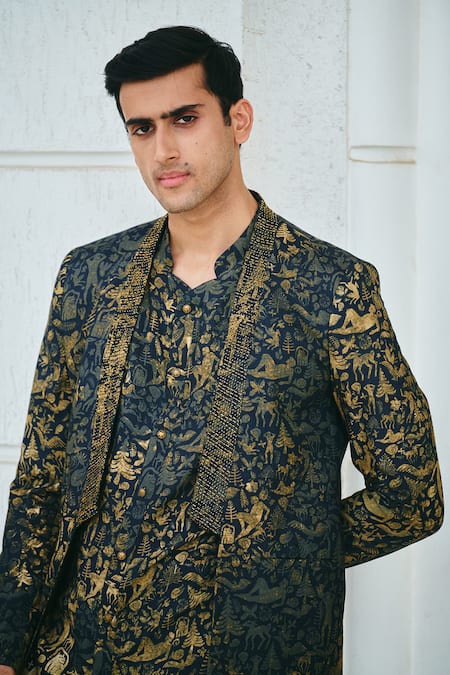 Shop_Philocaly_Black Silk Embroidery, Beads Alchemy Printed Jacket Kurta Set _Online_at_Aza_Fashions