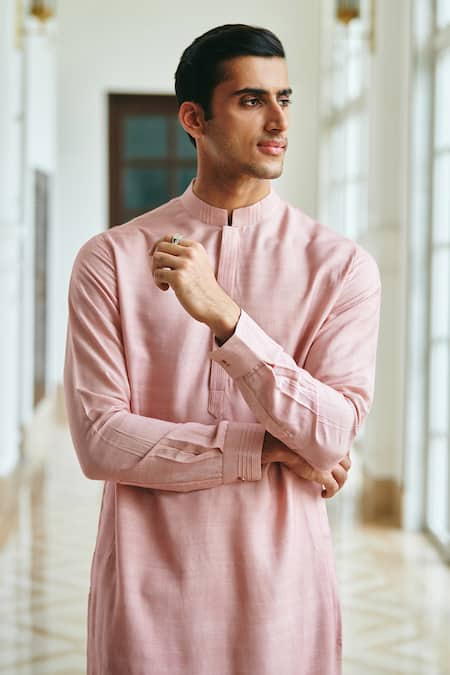 Philocaly_Pink Cotton Blush Pintucked Placket Kurta _Online_at_Aza_Fashions