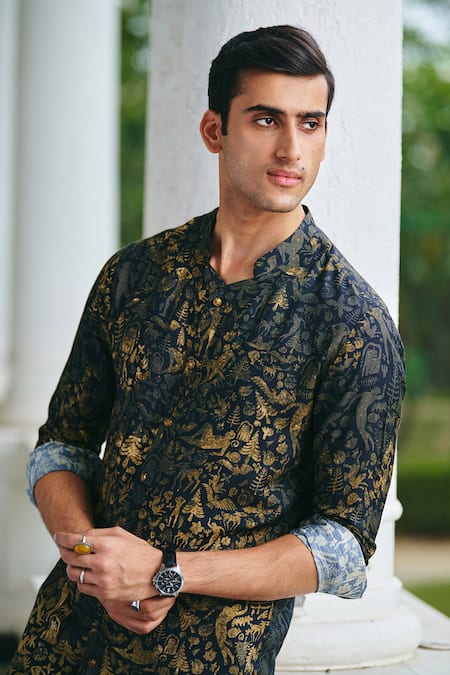 Shop_Philocaly_Black Cotton Metallic Thread Infinity Printed Kurta _at_Aza_Fashions