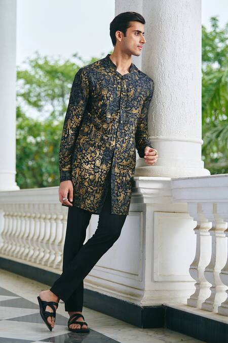 Philocaly_Black Cotton Metallic Thread Infinity Printed Kurta _Online_at_Aza_Fashions