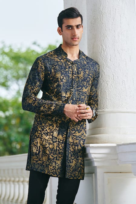 Shop_Philocaly_Black Cotton Metallic Thread Infinity Printed Kurta _Online_at_Aza_Fashions