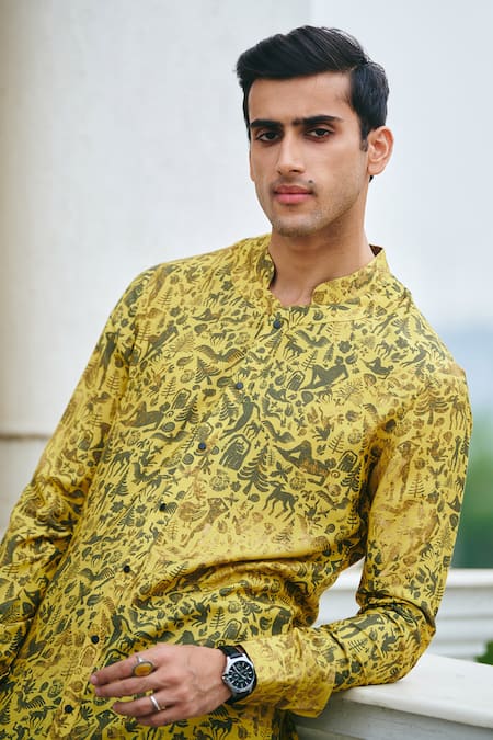 Philocaly_Yellow Cotton Metallic Thread Connected Printed Kurta _Online_at_Aza_Fashions