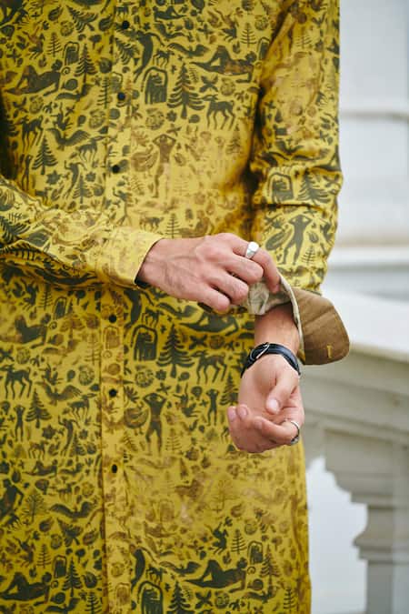 Buy_Philocaly_Yellow Cotton Metallic Thread Connected Printed Kurta _Online_at_Aza_Fashions