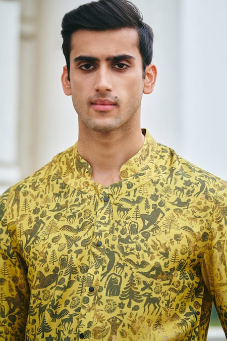 Shop_Philocaly_Yellow Cotton Metallic Thread Connected Printed Kurta _Online_at_Aza_Fashions