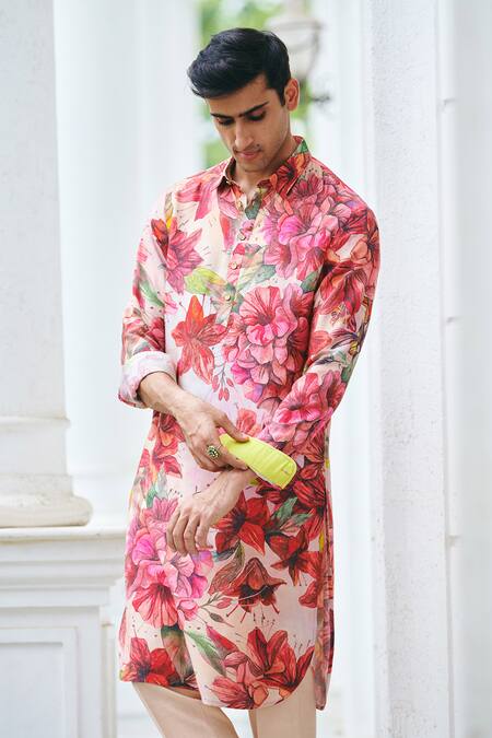 Philocaly_Pink Cotton Embroidery Gulabi Buransh Printed Kurta _Online_at_Aza_Fashions