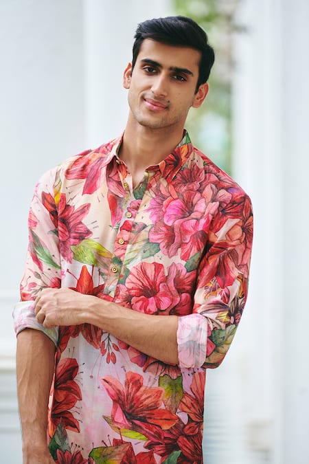 Buy_Philocaly_Pink Cotton Embroidery Gulabi Buransh Printed Kurta _Online_at_Aza_Fashions