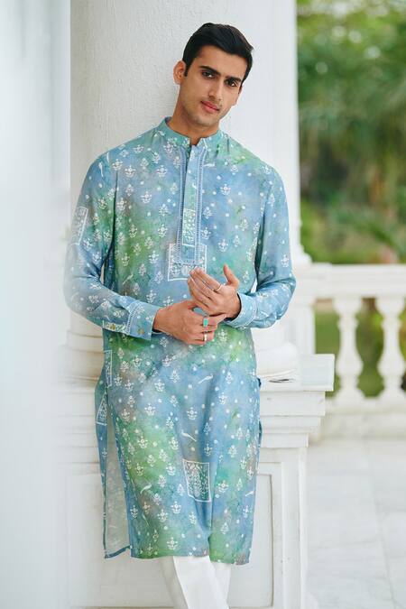 Shop_Philocaly_Green Cotton Vatika Floral Print Kurta _Online_at_Aza_Fashions