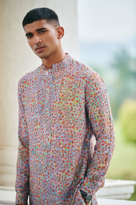 Philocaly Multi Color Cotton Embroidery Mosaic Floral Print Kurta Online at Aza Fashions Philocaly_Multi Color Cotton Embroidery Mosaic Floral Print Kurta _Online_at_Aza_Fashions