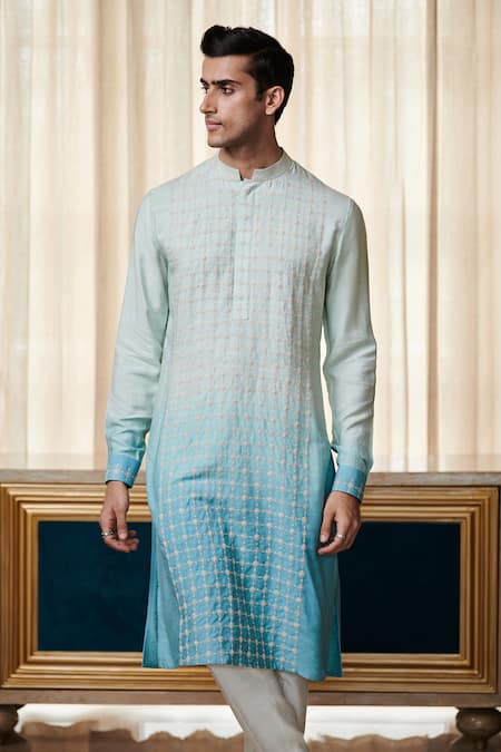 Philocaly_Blue Cotton Embroidery Periwinkle Ombre Dyed Kurta_Online_at_Aza_Fashions