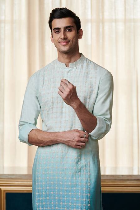 Buy_Philocaly_Blue Cotton Embroidery Periwinkle Ombre Dyed Kurta_Online_at_Aza_Fashions