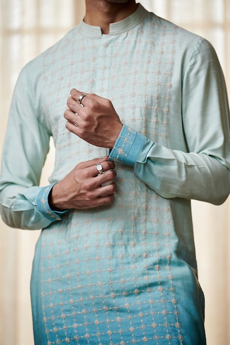 Philocaly_Blue Cotton Embroidery Periwinkle Ombre Dyed Kurta_at_Aza_Fashions