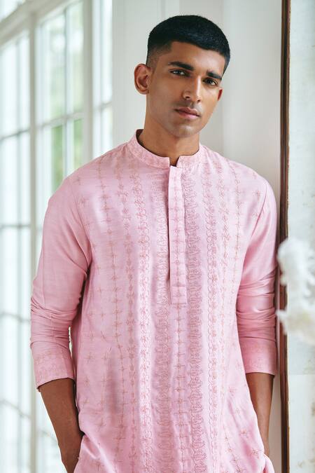 Buy_Philocaly_Pink Silk Embroidery Carnation Kurta _Online_at_Aza_Fashions
