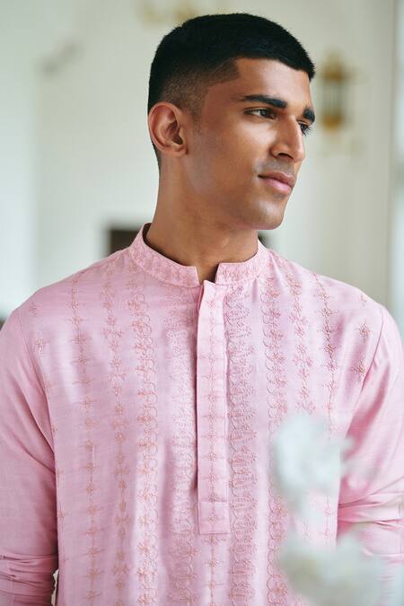 Shop_Philocaly_Pink Silk Embroidery Carnation Kurta _Online_at_Aza_Fashions