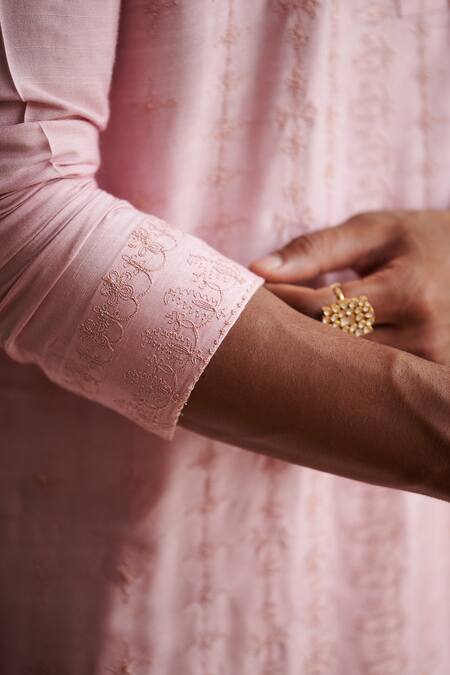 Philocaly_Pink Silk Embroidery Carnation Kurta _at_Aza_Fashions