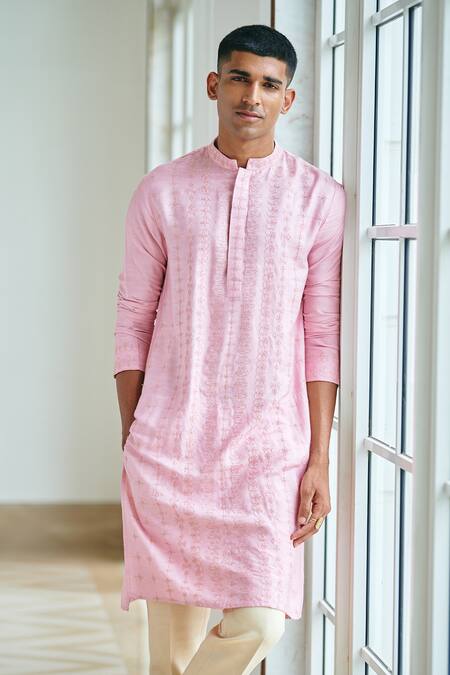 Buy_Philocaly_Pink Silk Embroidery Carnation Kurta 
