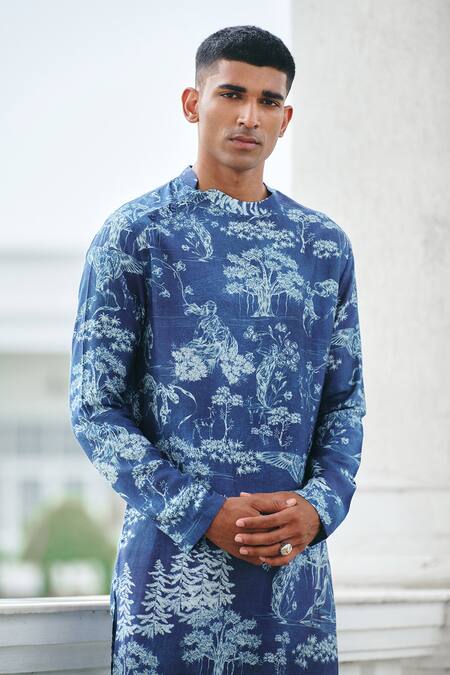 Philocaly_Blue Cotton Fable Forest Print Kurta_Online_at_Aza_Fashions