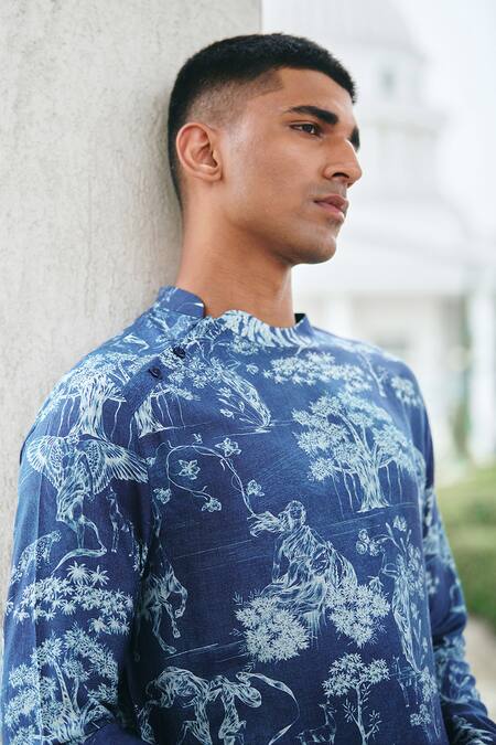 Buy_Philocaly_Blue Cotton Fable Forest Print Kurta_Online_at_Aza_Fashions
