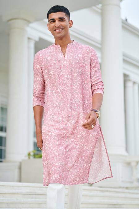 Philocaly_Pink Cotton Embroidery Clover Floral Print Kurta_Online_at_Aza_Fashions