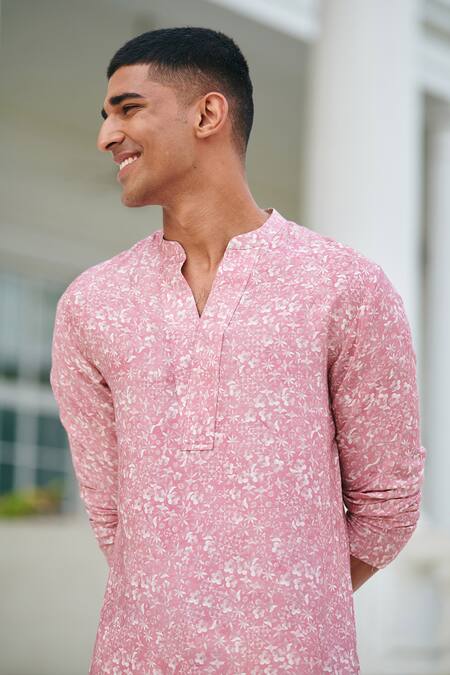 Shop_Philocaly_Pink Cotton Embroidery Clover Floral Print Kurta_Online_at_Aza_Fashions