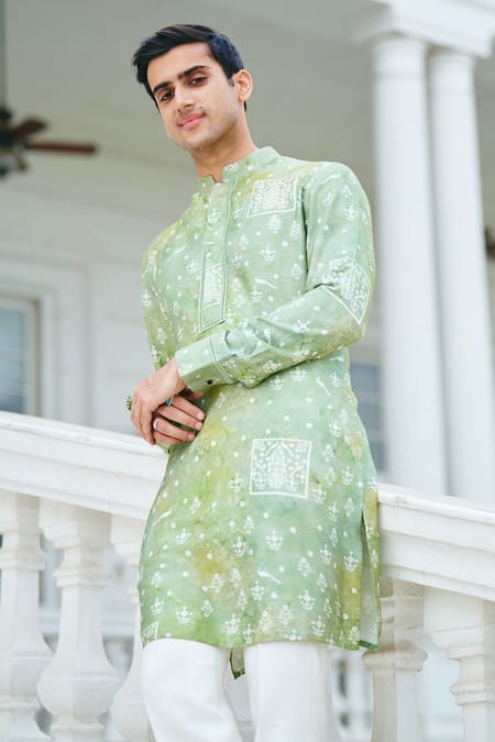 Shop Philocaly Green Cotton Embroidery Phulvari Floral Print Kurta Online at Aza Fashions Shop_Philocaly_Green Cotton Embroidery Phulvari Floral Print Kurta _Online_at_Aza_Fashions