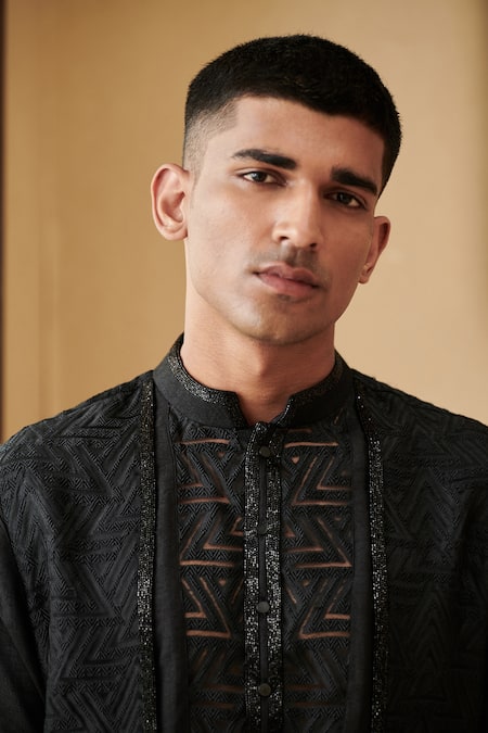 Shop_Philocaly_White Silk Embroidery Marvel Panelled Kurta _Online_at_Aza_Fashions