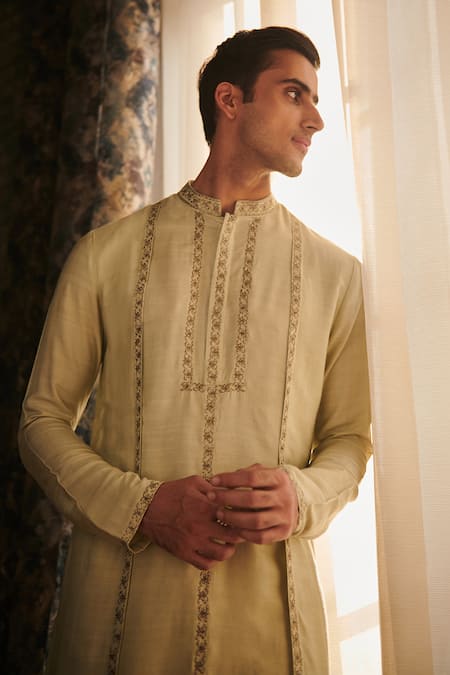 Shop_Philocaly_Green Silk Embroidery Roccoco Panelled Kurta_Online_at_Aza_Fashions