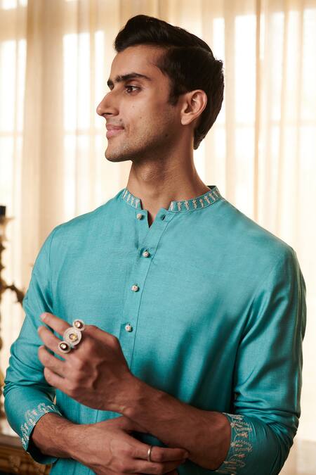 Philocaly_Blue Cotton Embroidery Robin Mandarin Collar Kurta_Online_at_Aza_Fashions