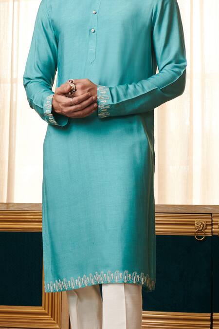Buy_Philocaly_Blue Cotton Embroidery Robin Mandarin Collar Kurta_Online_at_Aza_Fashions