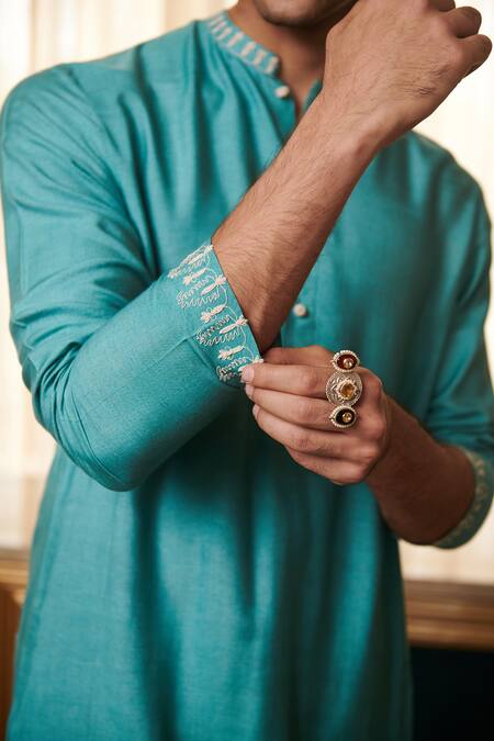 Shop_Philocaly_Blue Cotton Embroidery Robin Mandarin Collar Kurta_Online_at_Aza_Fashions